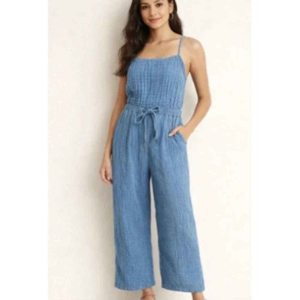 American Eagle Blue Gauze Wide Leg Jumpsuit Tie Back Size Large